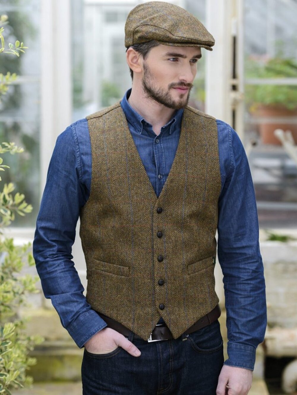 NEW MUCROS WEAVERS BROWN TWEED HERRINGBONE IRISH WOOL WASITCOAT VEST XL
